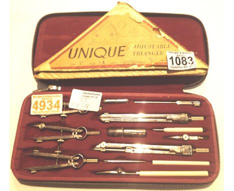 Complete cased drawing set and vintage architects unique adjustable triangle. P&amp;P Group 1 (£14+VAT for the first lot and 
