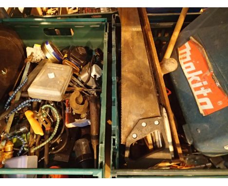 Two boxes of mixed tools and parts including a saw and empty drill box. Not available for in-house P&amp;P, contact Paul O'He