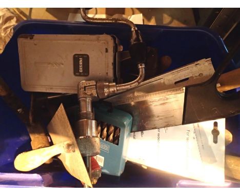 Box containing a good selection of tools to include a Stanley plane electronic stud detector, drill bit set etc. Not availabl