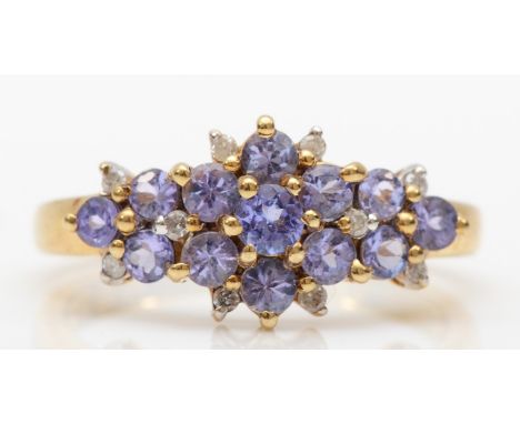 A 9ct gold tanzanite and diamond cluster ring, N, 2.5gm 