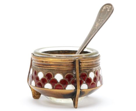 A Russian gilt metal and enamel open salt, post Revolution, with spoon, diameter 4.5cm
