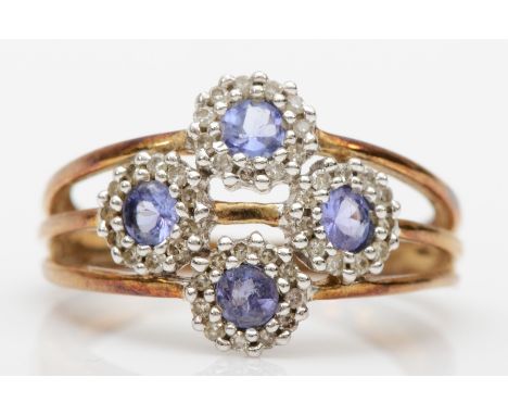 A 9ct gold tanzanite and diamond cluster ring, N, 2.6gm 