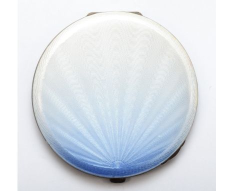 A silver and guilloche enamel powder compact, Birmingham 1947, glass cracked, 72mm, 105gm 
