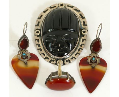 A silver and carnelian dress ring, a similar pair of ear rings and a Sterling silver and hardstone brooch, 72gm 