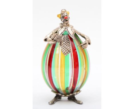 An unmarked Italian silver mounted Murano glass clown, with enamel decoration, probably by the Sorini Workshop, 9cm 