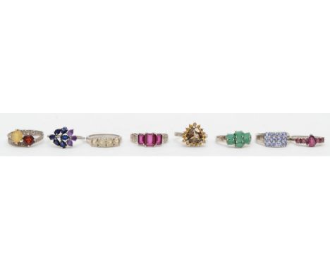 Eight silver and gem set rings, M - P, 23gm 