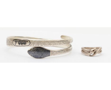 A Siamese silver and enamel entwined snake bangle, internal 64mm and a snake ring, 65gm 