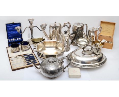 A silver three light two branch candelabra, Birmingham date letter worn, worn presentation dated 1912, 22cm, loaded and a qua