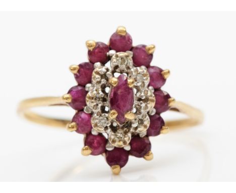 A 9ct gold ruby and diamond cluster ring, Q, 2gm 