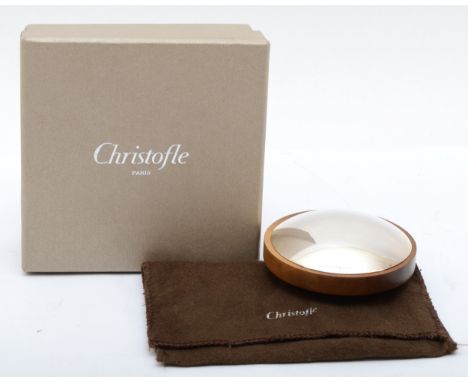 Christofle, a silver plate and wood paperweight, diameter 7cm, pouch, box