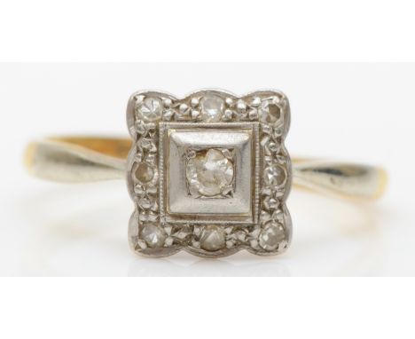 An Art Deco 18ct gold old cut diamond ring set in square mount, K-L, 2.3gm.