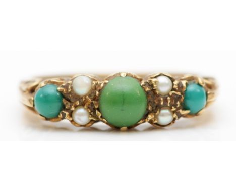 A vintage 9ct gold three stone turquoise ring, half pearls between, U, 3.1gm 