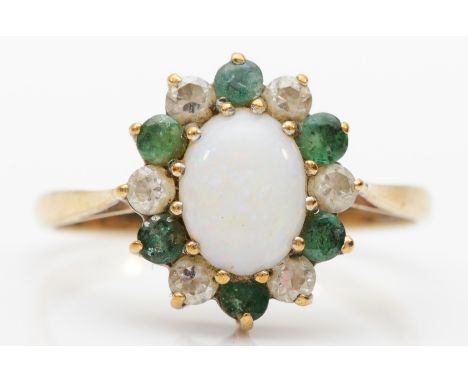 A 9ct gold opal, emerald and cubic zirconia cluster ring, R, 2.4gm. 