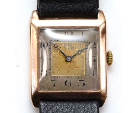 An Art Deco 9ct rose gold square manual wind gentleman's wristwatch, date letter worn, 15 jewel movement, 25 x 31mm Condtion 