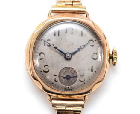A 9ct gold manual wind ladies wristwatch, Birmingham 1927, with later 9ct gold bracelet, 10.6gm without movement 
