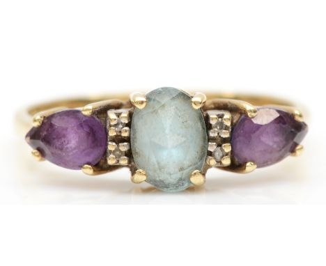 A 9ct gold amethyst, topaz and diamond dress ring, Q, 2.3gm. 