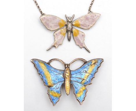 A Sterling Silver blue enamel butterfly brooch, 38mm and a 925 silver and enamel butterfly pendant, 9gm 