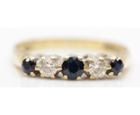 A 9ct gold graduating five stone sapphire and brilliant cut diamond ring, J, 1.9gm. 