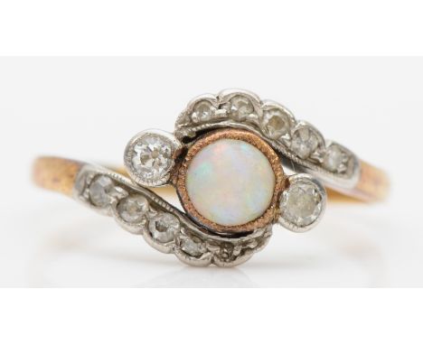 An edwardian 9ct gold opal and old cut diamond three stone ring, diamond set shoulders, M, 2.2gm 