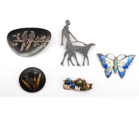 A Chinese silver and enamel duck brooch, a Sterling Silver and enamel butterfly brooch and three other brooches, 27gm 