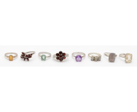 Eight silver and gemset dress rings, M - S, 29gm 