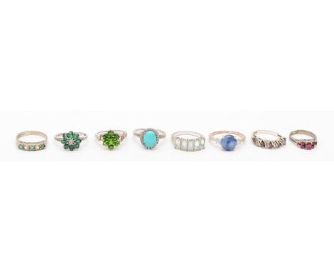 Eight silver and gemset dress rings, including ruby and tanzanite, J - T, 23gm 