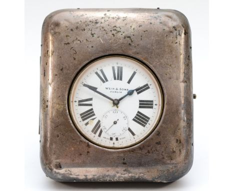 A silver cased travel easel watch/clock, Birmingham 1911, the Goliath watch retailed by Weir &amp; Sons, Dublin, 11.5 x 10 x 