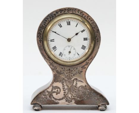 A silver cased boudoir clock, Birmingham, date letter worn, c.1910/20, of balloon form with floral engraved decoration, 9cm, 