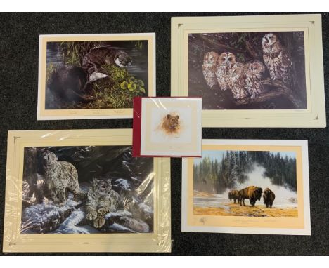 Dorothea Hyde, by and after, Owls, signed, colouted print, 47cm x 69cm;  Snow Leopard;  Bee the Otter;   David Shepherd, Hots