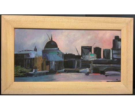 Modern British school, London, Abstracted skyline, signed with monogram R. R., oil on board, 29.5cm x 60cm. 