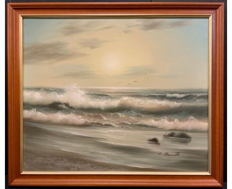 C. Barrett, Dawn light over the Atlantic shore, signed, oil on canvas, 50cm x 60cm. 