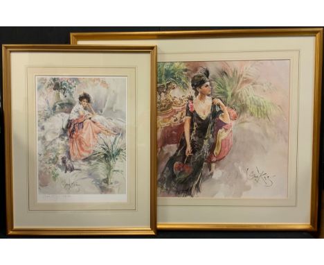 Gordon King, by and after, lady with black cat, coloured print, signed in pencil to margin, 436/850, 46cm x 33cm;  another, l