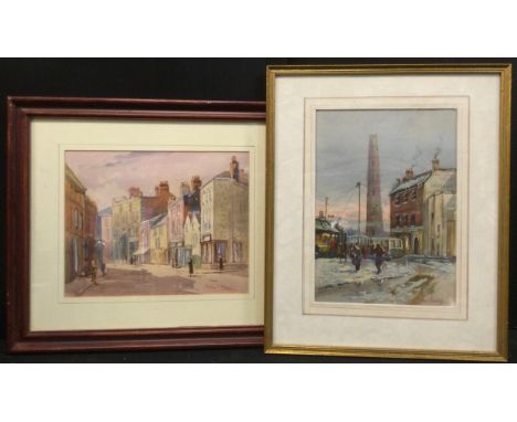 Michael Crawley Winter, Shot Tower, Derbysigned, watercolour, 26cm x 18.5cm; anotherSadler Gate, Derbysigned, watercolour, 20