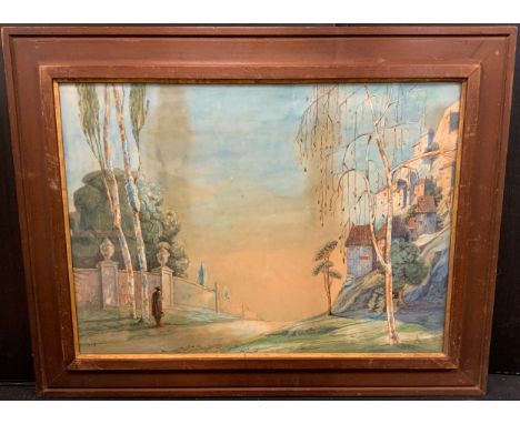 Continental school, A road near Munich, signed with monogram A. R., watercolour, 37cm x 50.5cm. 