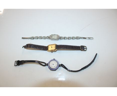 A silver and enamel decorated wrist watch AF; a cocktail watch and one other wrist watch