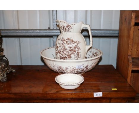 A Victorian toilet jug and basin and a soap dish liner