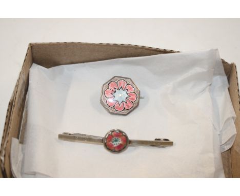 A 925 Sterling silver Guilloche enamel flower brooch and another enamel flower brooch 