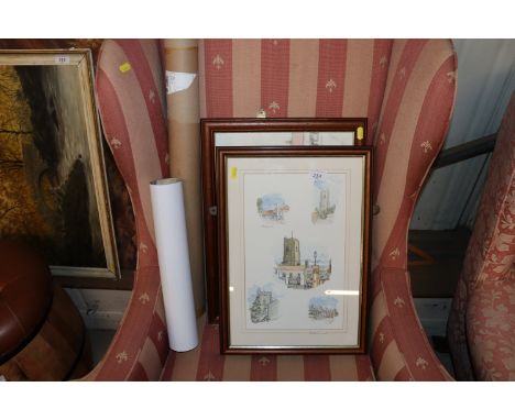 Two framed and glazed prints depicting Mildenhall; and a rolled print depicting divers helmets 