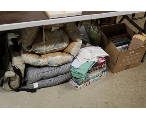 A collection of miscellaneous items to include textiles, linen, books, games etc. 