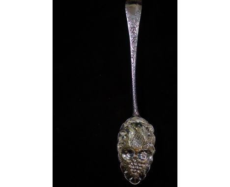 Early silver fruit spoon with crowned leopards head, possibly embossed later. c1818