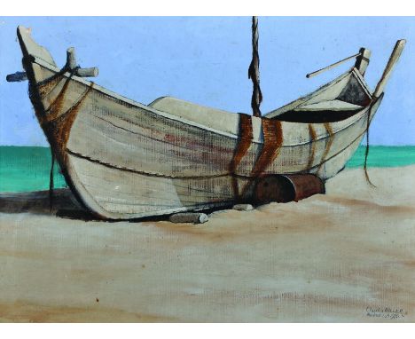 Charles Miller (20th Century) British. "Masirah SOA" (Oman), a Beach Boat, Oil on Panel, Signed, Inscribed and Dated 1986, 18