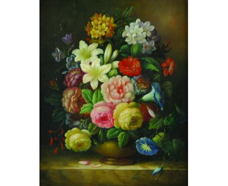 W... Dawes (20th Century) Dutch Style. Still Life with Flowers in a Vase, Oil on Panel, Signed, 10" x 8".