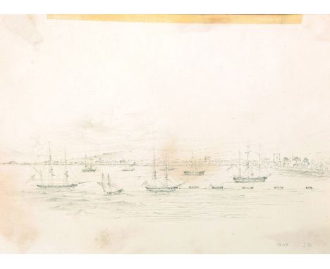 J... M... (19th Century) British. A Coastal Scene with Numerous Vessels, Pencil, Signed with Initials 'J.M.', and Dated 1820,