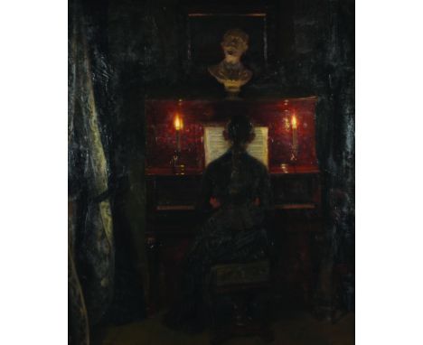 Peter Tom-Petersen (1861-1926) Danish. Interior Scene, with a Young Girl Playing a Piano by Candle Light, Oil on Canvas, Sign