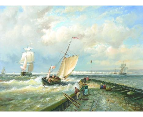 20th Century Dutch Style. A Shipping Scene, with Figures on a Harbour Wall, Oil on Panel, Unframed, 12" x 16", and the compan