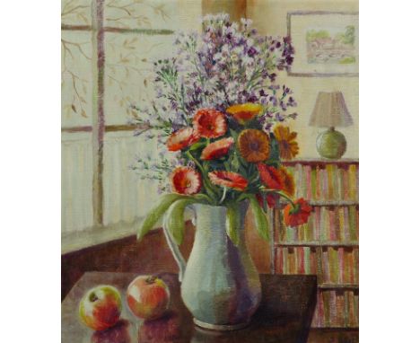 Florence West (20th Century) British. "Morning Light", Still Life with Flowers in a White Vase, Oil on Canvas, Signed, 20" x 