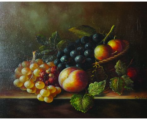 C... Dubois (20th Century) Dutch Style. Still Life of Fruit in a Basket, Oil on Panel, Signed, 8" x 10".