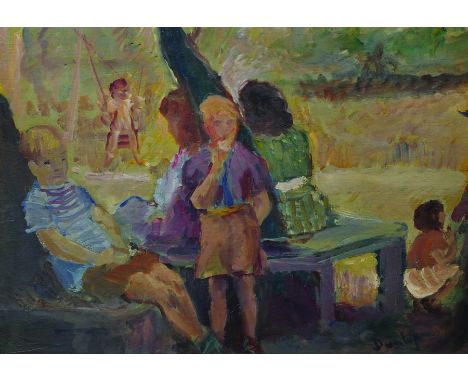 Ronald Ossory Dunlop (1894-1973) British. Children Resting by a Tree, in a Playground, Oil on Panel, Signed, 13" x 17.5".