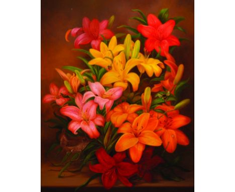 Denby Sweeting (1936-   ) British. "Lilies", 'Asiatic Hybrid Lillian's and having a Buff-Tailed Bumble Bees and a Female Wren