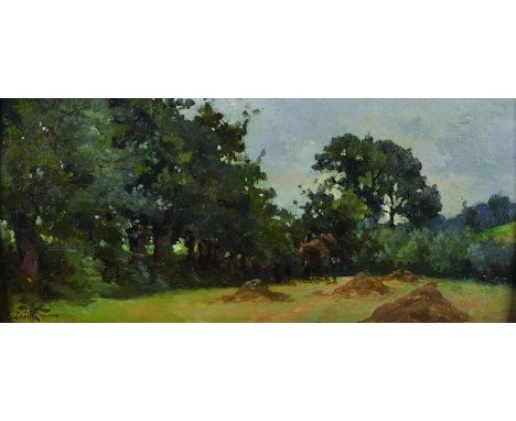 Eugene Leon Labitte (1858-1937) French. "Moisson", Figures Harvesting, Oil on Panel, Signed, and Inscribed on the reverse, 7"